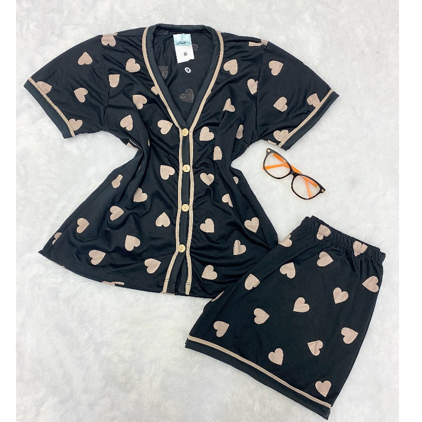 Pijama Americano Adulto Feminino Blogueira Conjunto Camisa e short Verão Gola V Gestante Amamentação com abertura frontal de botões