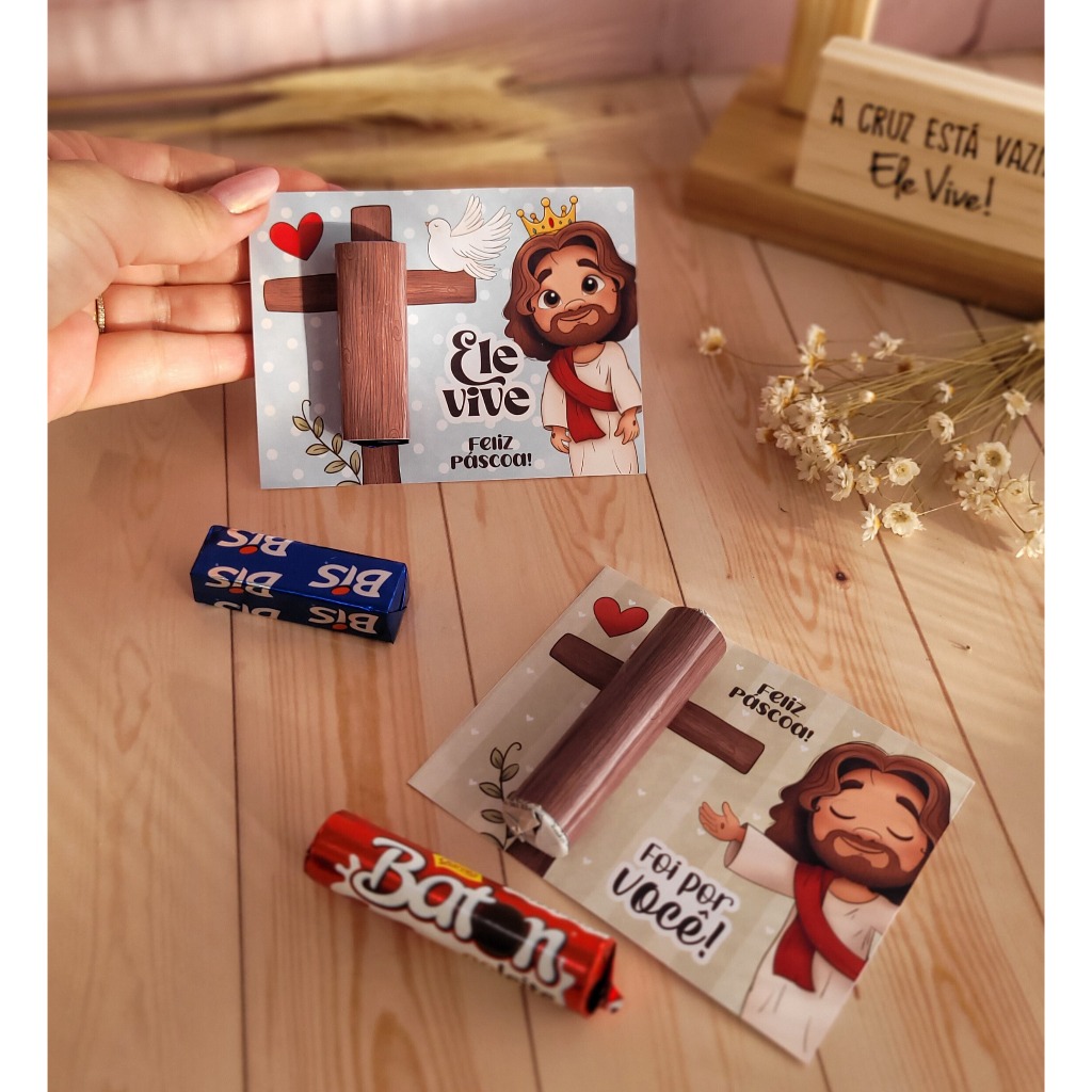 12 Unidades - Cartão e Rótulo Adesivo Páscoa Cristã Porta chocolate Batom ou Bis
