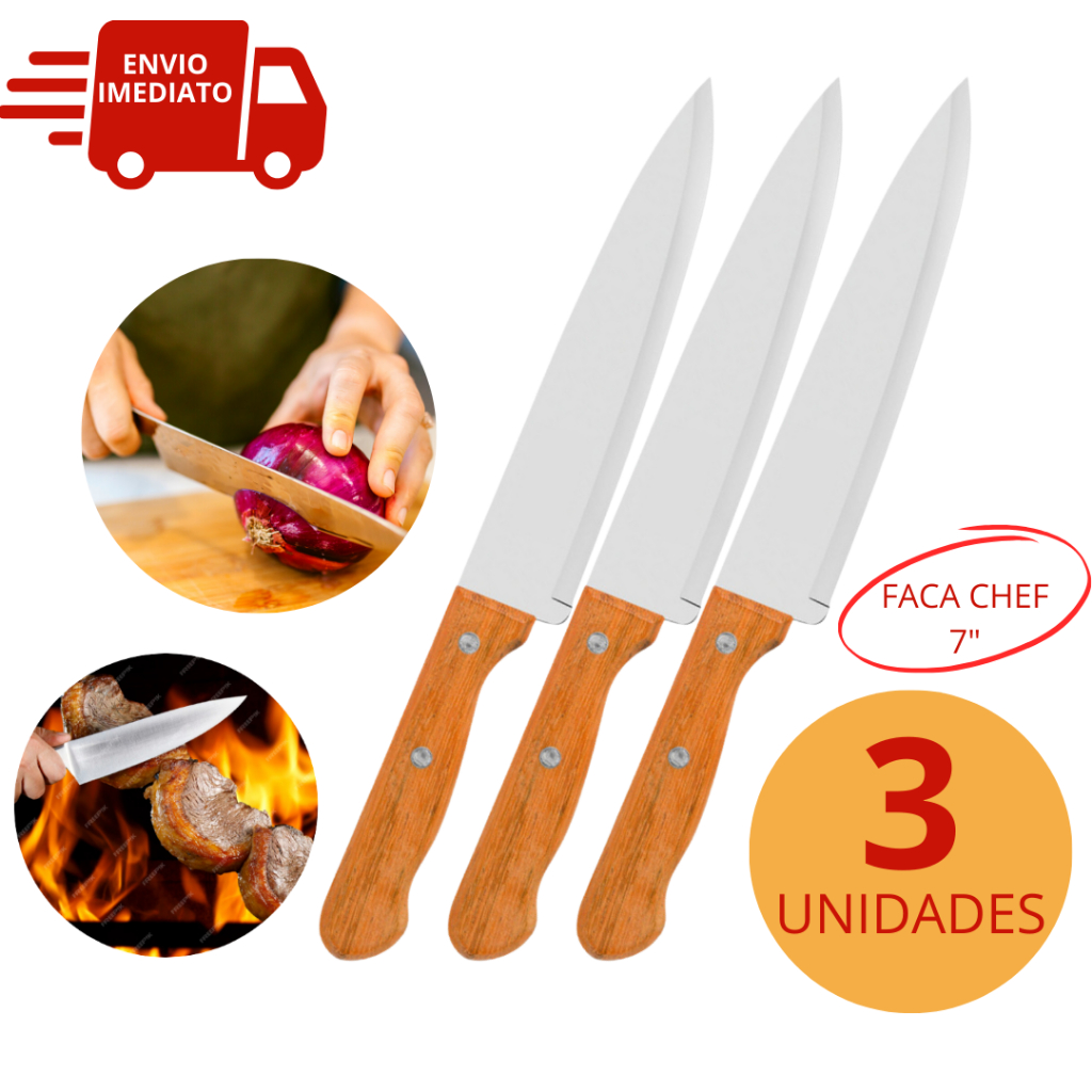 Kit 3 Faca do Chef 7" em Aço Inox e Cabo de Madeira Afiada Faca ...