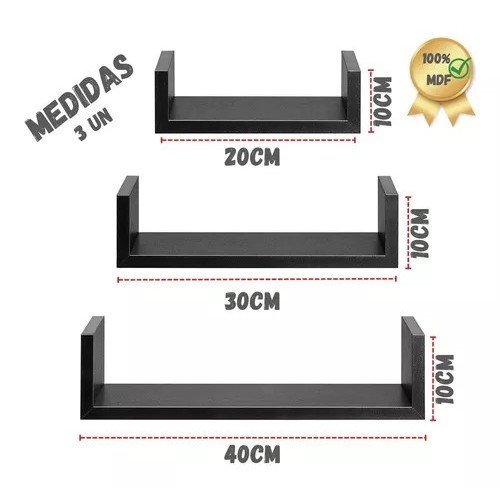 Imagem do produto Kit Prateleira Nicho U Em Mdf Preto 20/30/40cm Sala Quarto Cozinha 5