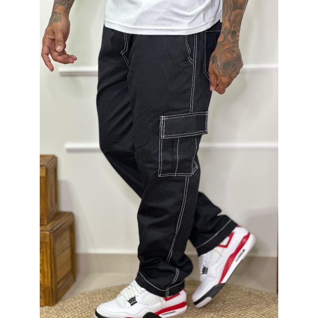 MYSELF - CALÇA CARGO MASCULINO PRETA COM COSTURA BRANCA SKATISTA 5 ...