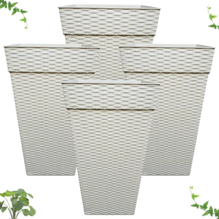Kit Vaso Quadrado 4 Peças Rattan Para Flores e Plantas de Decoração 10 Litros Branco Marrom e Cinza