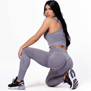 2 Peças Conjuntos Academia Fitness Feminino Leggings Top Mais Calça Levanta Bumbum