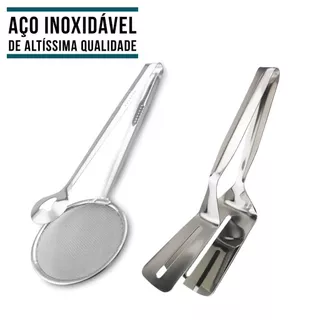 Kit 1/2 Pegador Inox Fritura Escumadeira Pinça Peneira + Espátula Dupla Para Carne Ovo Pizza Cozinha