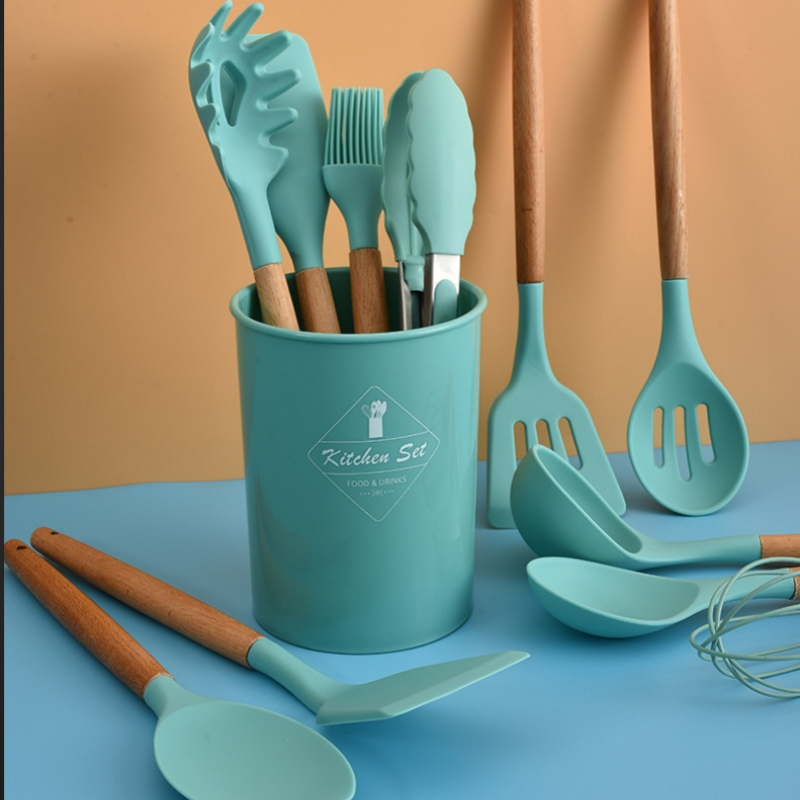 Kit C/12 Pçs Utensílios De Cozinha Colheres Espatula Silicone Cabo Madeira Decoração Livre BPA