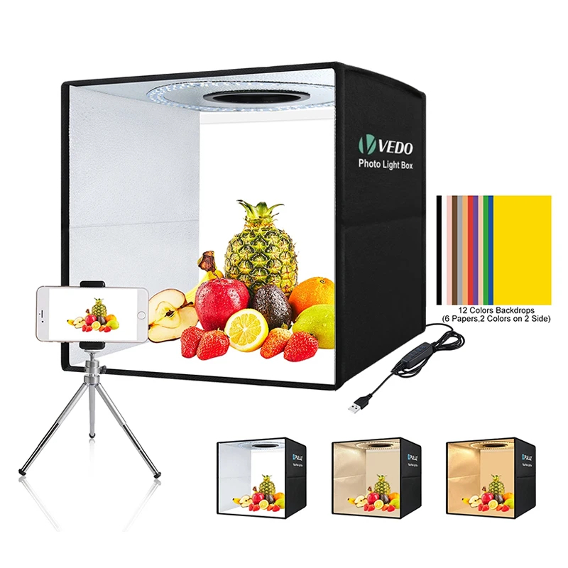 VEDO Studio Box Photo Ring LED Light Photography Studio Shooting Tent Box Caixa de luz de brilho ajustável com 12 cores de fundo
