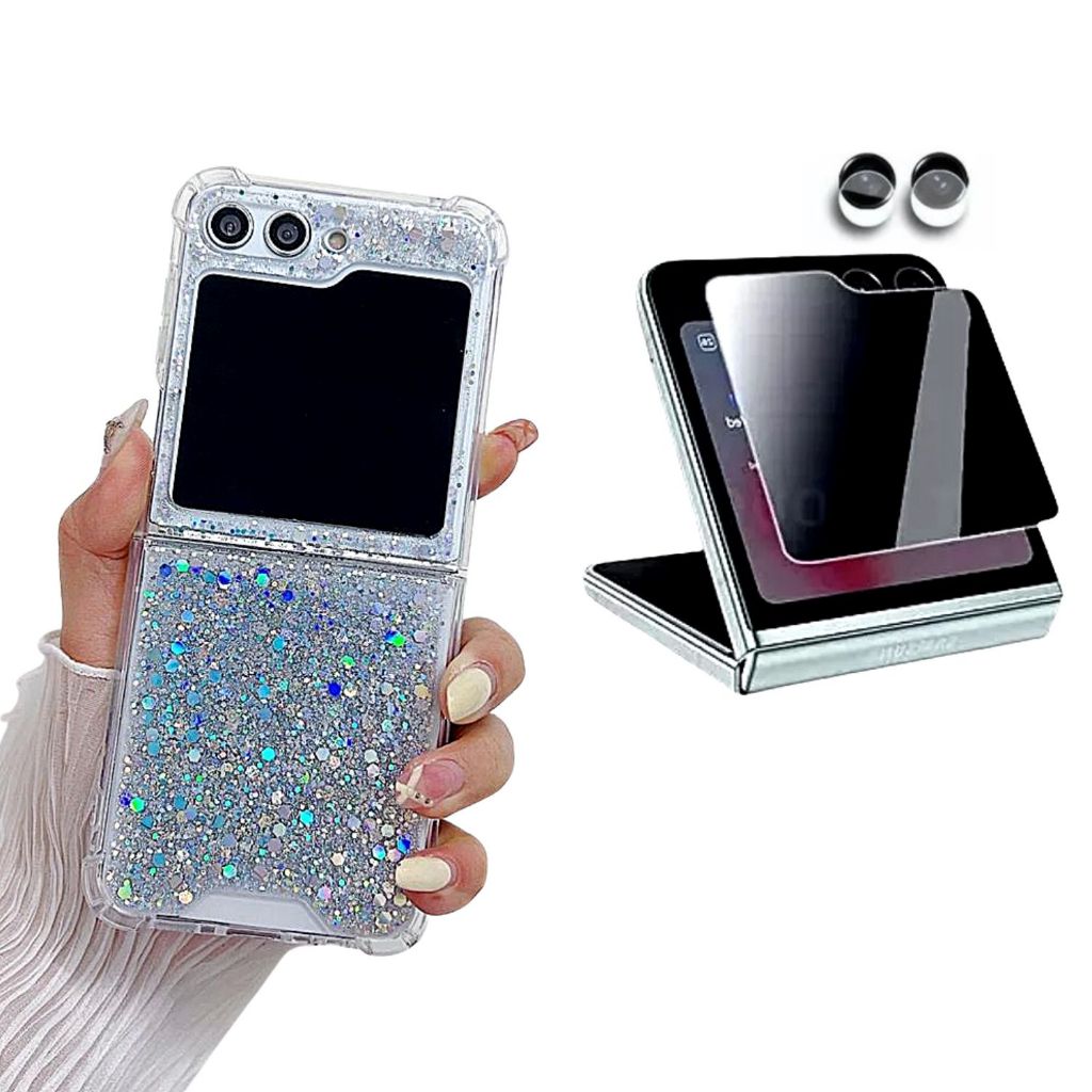 Capinha Capa Para Z Flip 5 Brilho Silicone Case Transparente Glitter + Película de Tela Traseira Privacidade + Película de Câmera