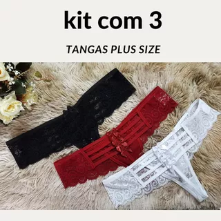 Kit com Três Tangas Fio Plus Size Tamanho G1/G2 50/52 Calcinha Plus Size Tanga Preta Branca Vermalha