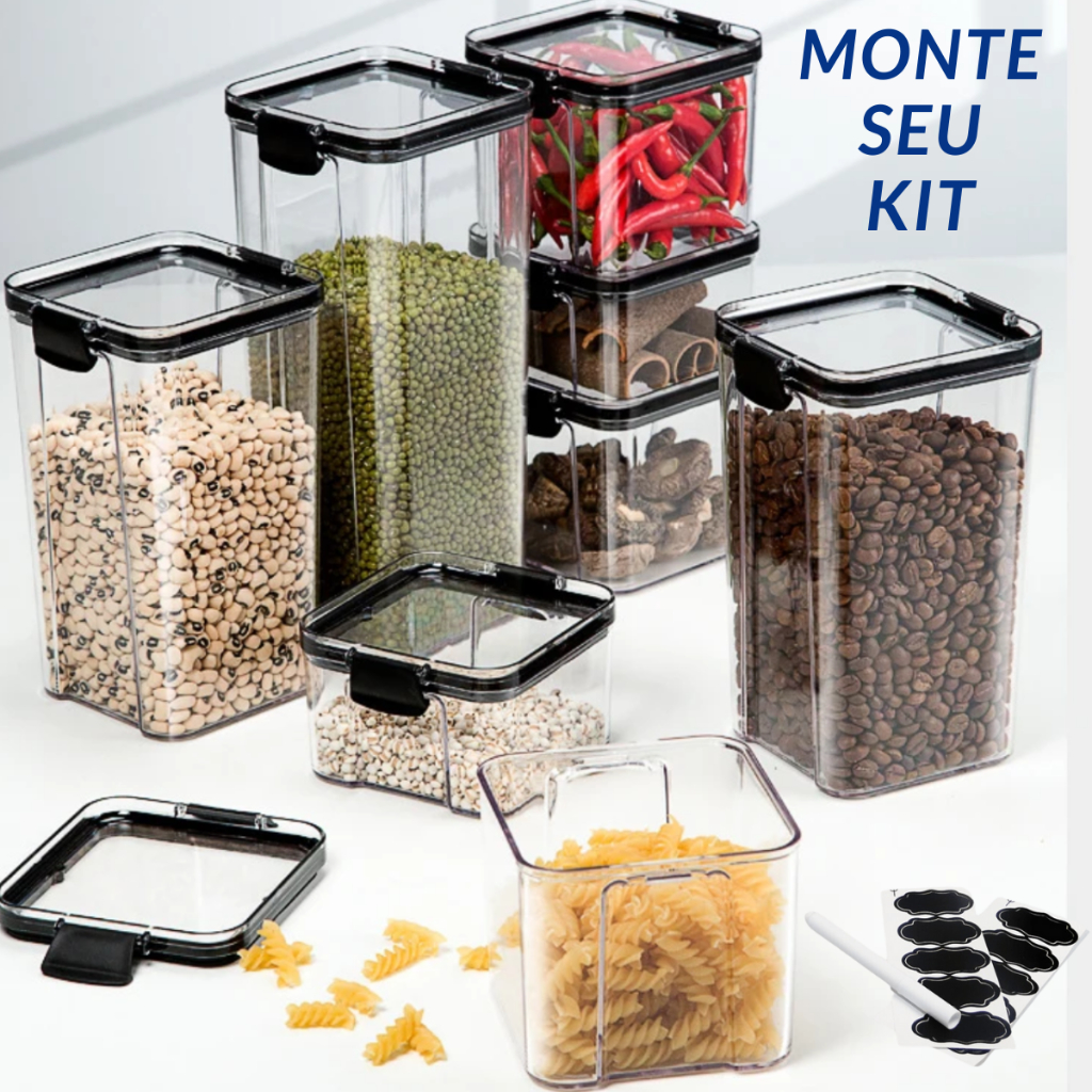 Monte Seu Kit de Potes Herméticos com Trava Empilhável para Alimentos Mantimentos Organiza Cozinha