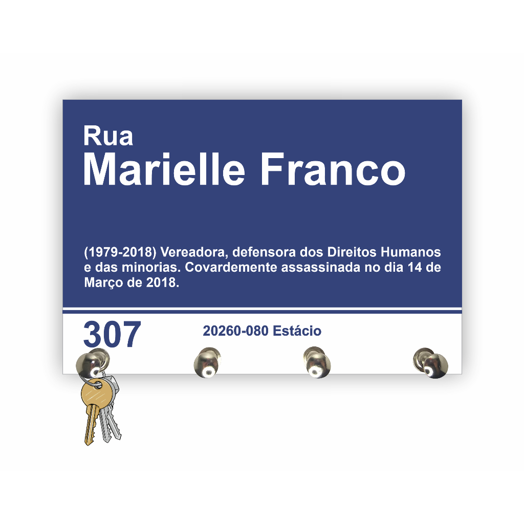 Porta Chaves 4 Ganchos Parede Decoração Moderna Madeira MDF Placa Rua Marielle Franco