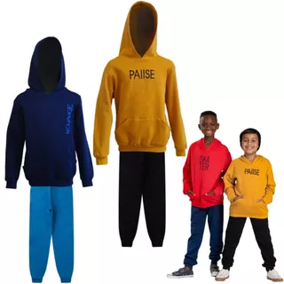 Kit 2 Conjuntos Moletom Infantil Juvenil Masculino Blusa e Calça Flanelado, c/ capuz bolso canguru Roupa menino inverno tamanhos 10 12 14