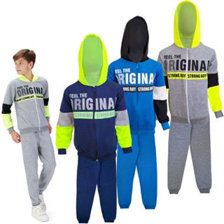 Conjunto Moletom Juvenil Masculino Blusa Calça Flanelado, capuz ziper, Roupa Agasalho infantil menino inverno tamanhos 10 12 14 16