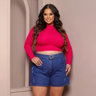 Short Jeans Feminino Plus Size com Cinto Fivela Cintura Alta 100% Jeans