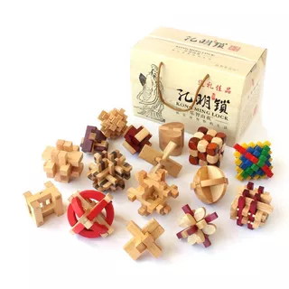 Kit Dezesseis 16 Desafios Lógico Quebra Cabeça 3d Puzzle Madeira + Bolsa para Guardar