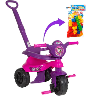 Triciclo Velotrol Motoca Menina ORIGINAL Completa + 20 Blocos De Montar - Acompanha Pedais, Empurrador, Protetor e Apoio Para Os Pés - Modelo 2024 Reforçado Com Inmetro