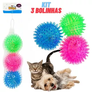 Brinquedo Pet Bola com Luz e Apito p/ Cachorro Cães e Gato KIT 3 Bolinhas Coloridas LED Som e Brilho
