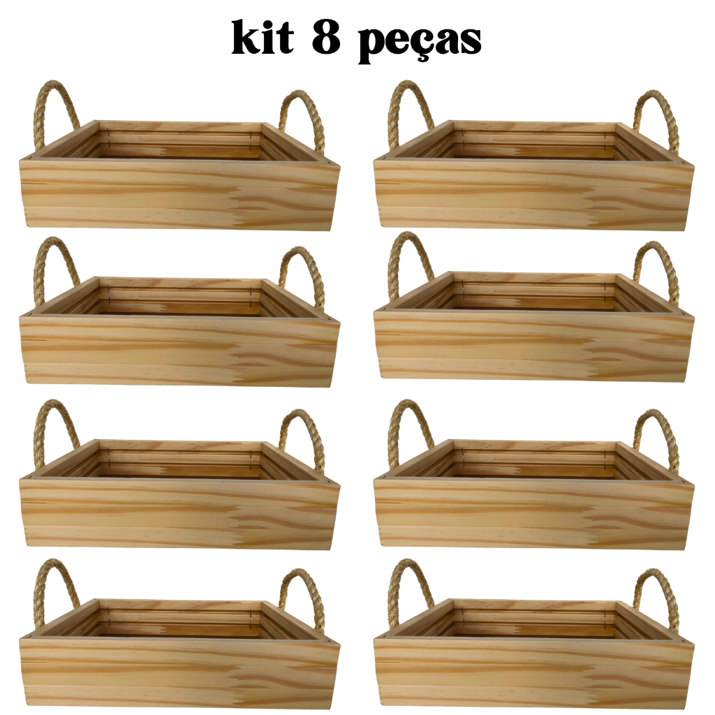 Kit Com 8 Cestas Bandeja Madeira Pinus bandeja para café da manha