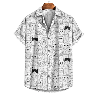 Camisa De Botão branca gatos fofinhos, preto e branco, gatos camisa de gatos
