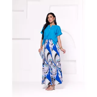 Saia Longa Estampado Multicor Crepe, Zíper Invisível, Elegante, Feminina, Tendência