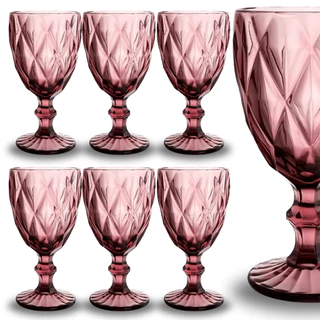 Jogo 6 Taça Diamante Copo Vidro Rosa Bico De Jaca 330ml