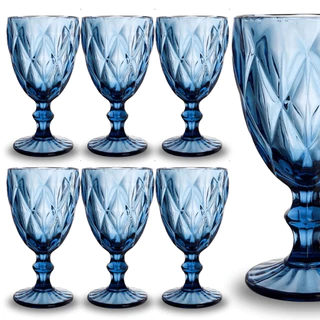 Jogo 6 Taça Diamante Copo Vidro Azul Bico De Jaca 330ml