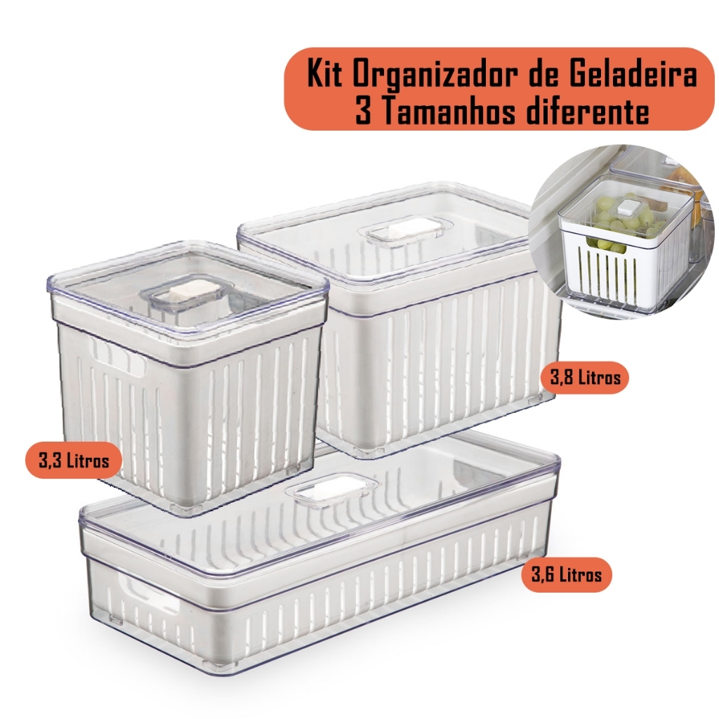 Kit 3 Organizador de Geladeira Cesto Com Tampa Multiuso Alimentos Verduras e Vegetais