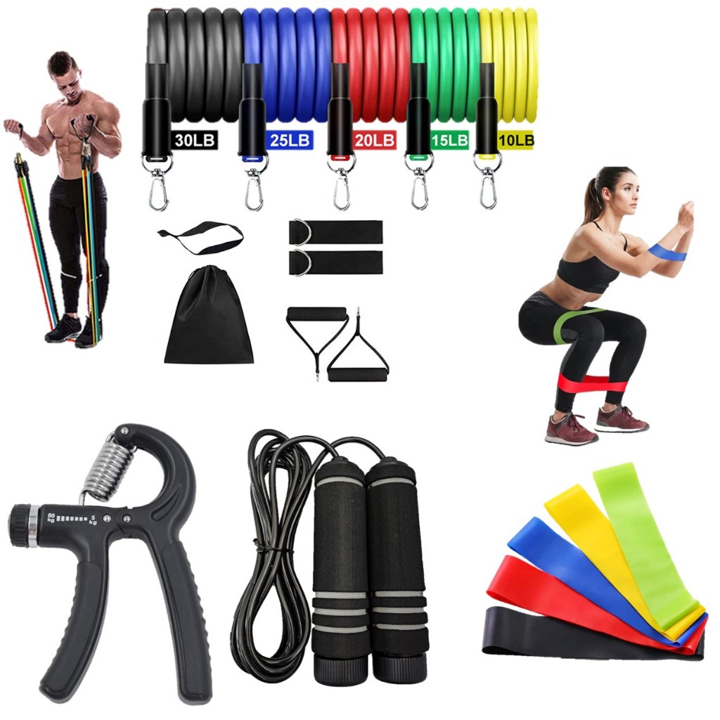 Set 11 Pezzi Bande Elastiche Fitness Con Maniglie E Cavigliere - Tubi Resistenza Per Allenamento