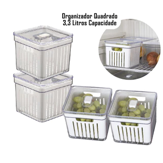 Kit 4 Organizador de Geladeira 3,3 Litros Cesto Com Tampa Multiuso Alimentos Verduras e Vegetais