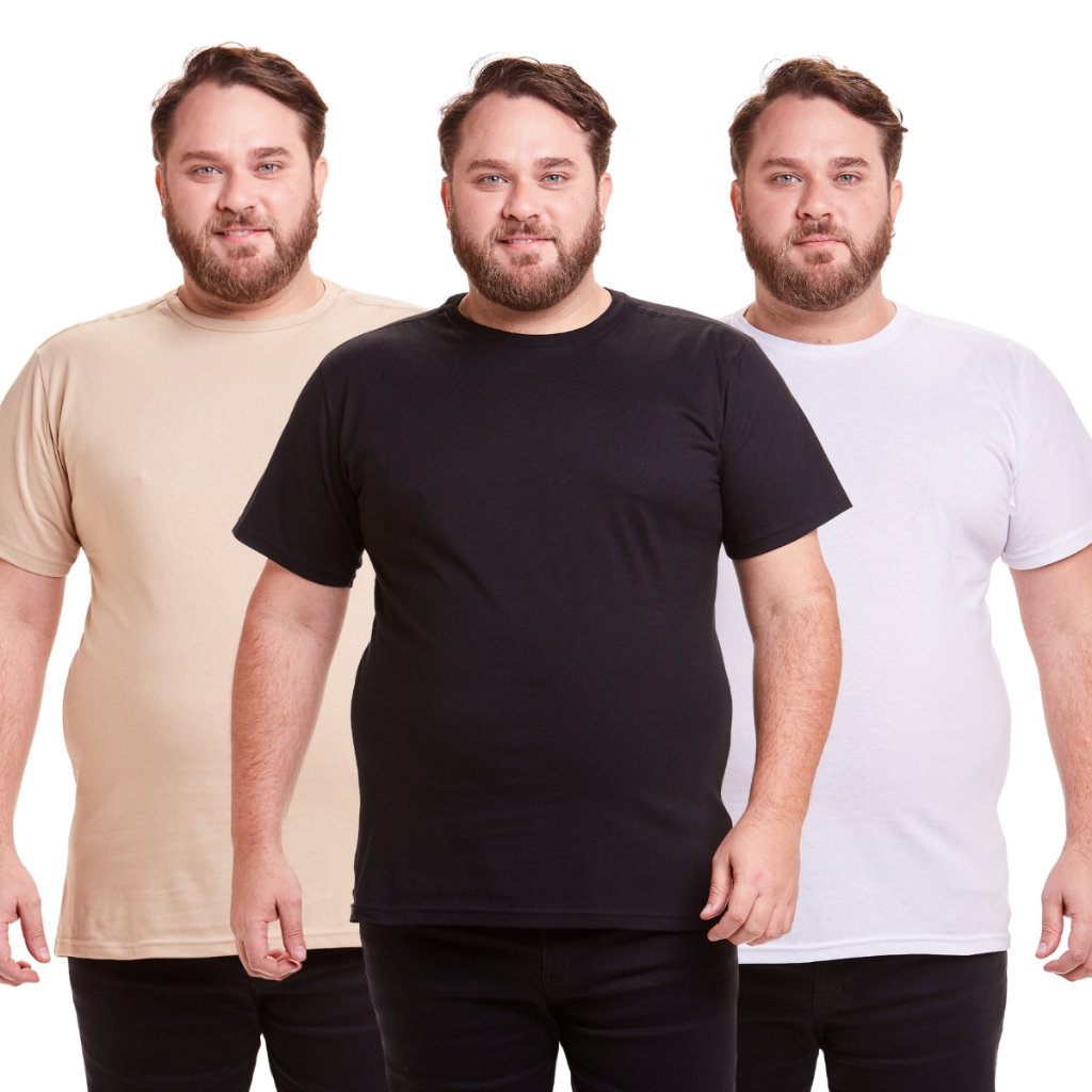 Kit 3 Camiseta Básica Masculina Algodão Plus Size