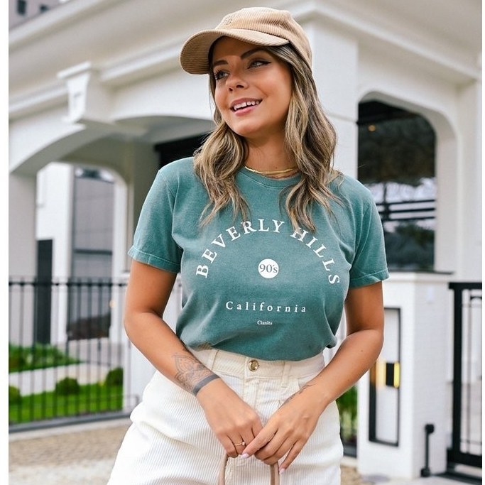 Camiseta T-Shirt Feminina Estonada Verde Beverly Hills