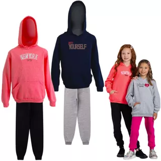 Kit 2 Conjunto Moletom Juvenil Feminino Blusa e Calça Flanelado, c/ capuz bolso canguru Roupa menina inverno - 10 12 14