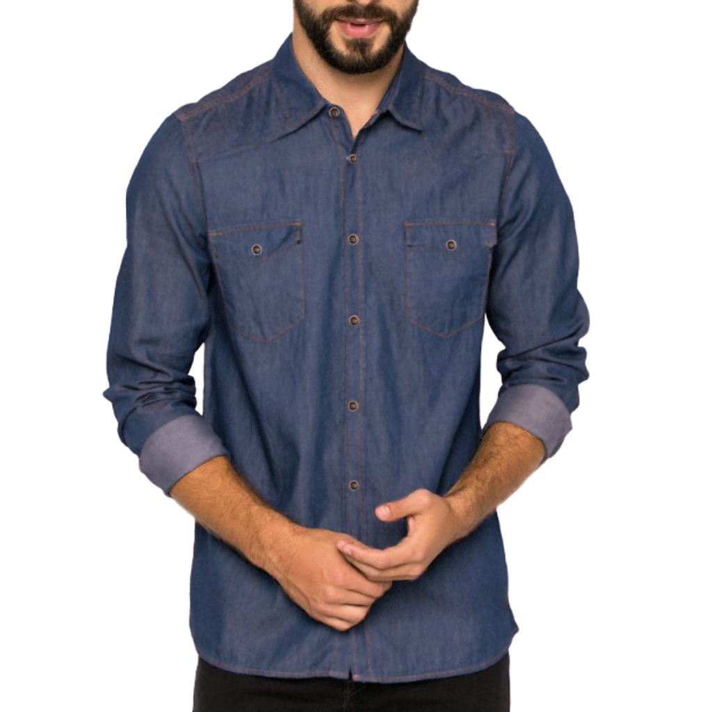Camiseta Jeans Masculina Social Manga Longa Dois Bolsos - Camisa Masculina Social Jeans Esporte Fino