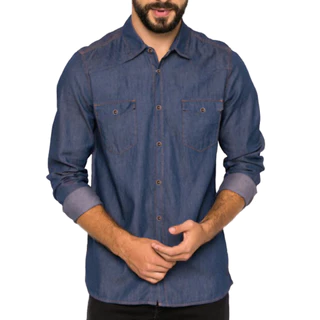 Camiseta Jeans Masculina Social Manga Longa Dois Bolsos - Camisa Masculina Social Jeans Esporte Fino
