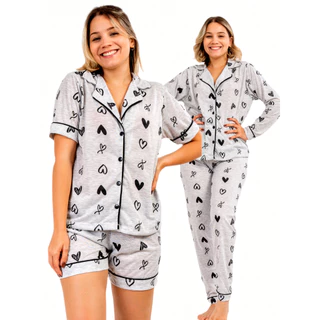 Kit 2 Pijamas Feminino Adulto Americano Curto Longo Malha amamentação blogueira de Botões Frio/Calor