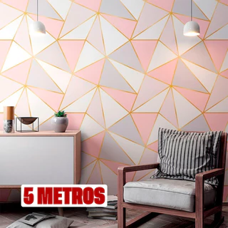 Papel de Parede Zara Rosa Cinza Dourado Geométrico 5 Metros Adesivo Premium Quarto Sala