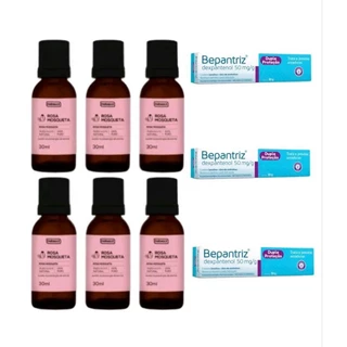 Super Kit 6 óleos de rosa mosqueta 100%farmax mais 3 pomadas bepantriz dupla proteção clareamento, acne, rejuvenescimento, antissinais, olheiras