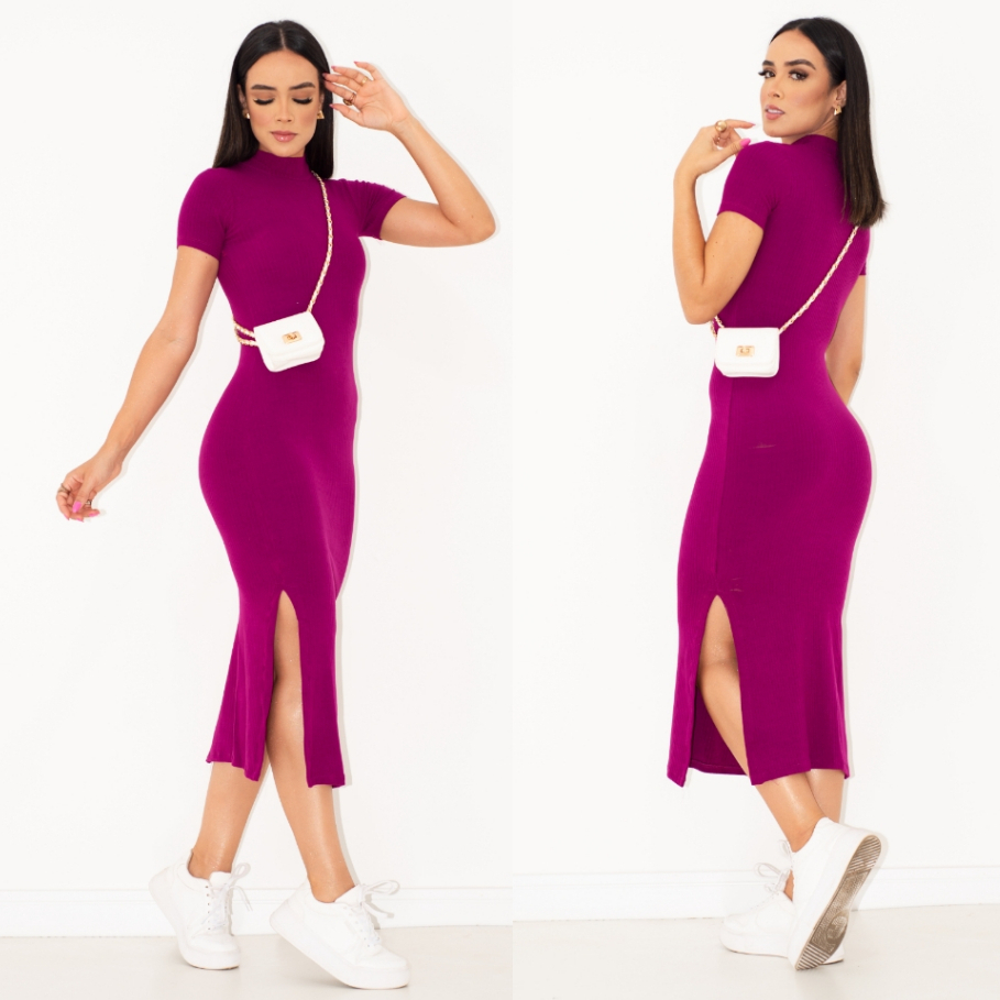 Promoçaõ Vestido Midi Max 2 Fendas Gola Alta Manga Curta