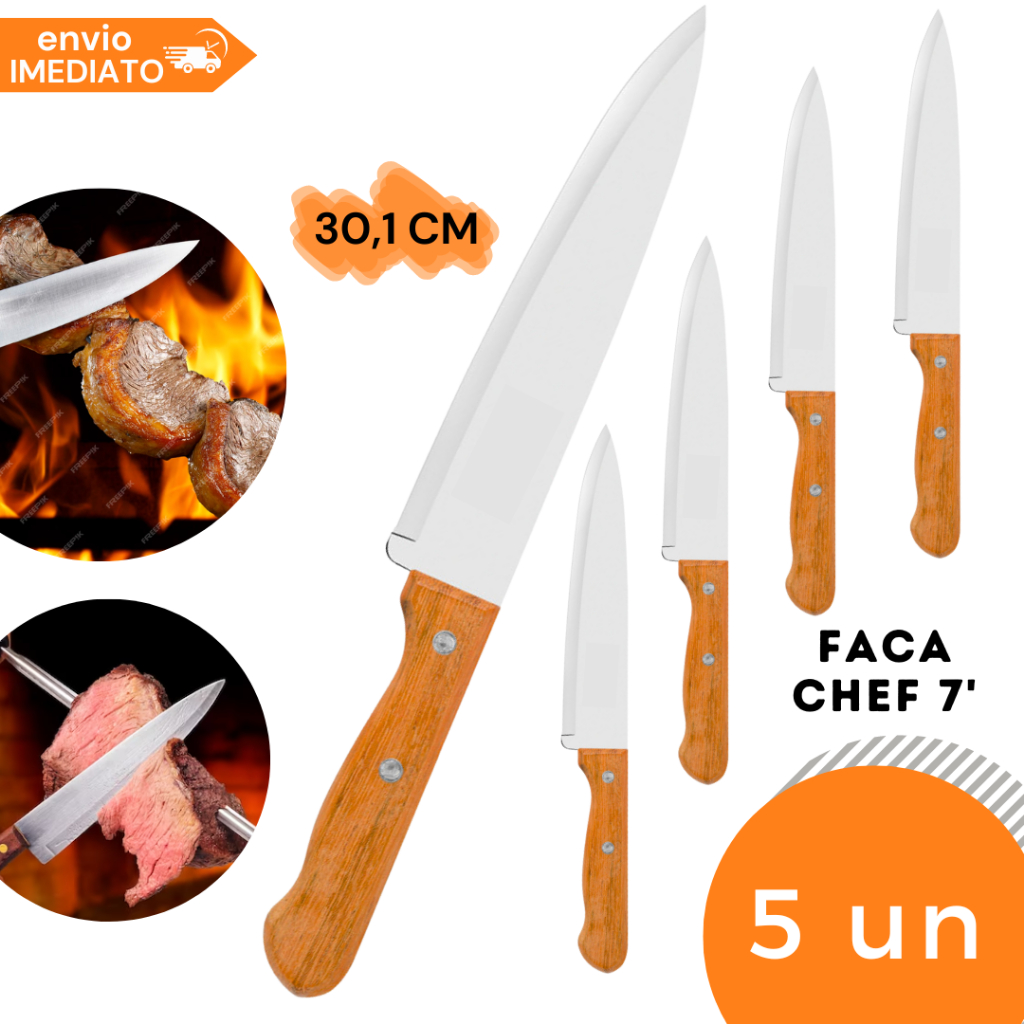 Kit 05 Faca De Cozinha Inox Profissional 7 Do Chef Cabo Madeira 30,1CM ...