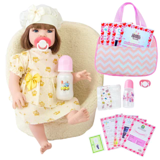 Boneca Bebê Reborn Realista Silicone Vestido e Bolsa de Maternidade