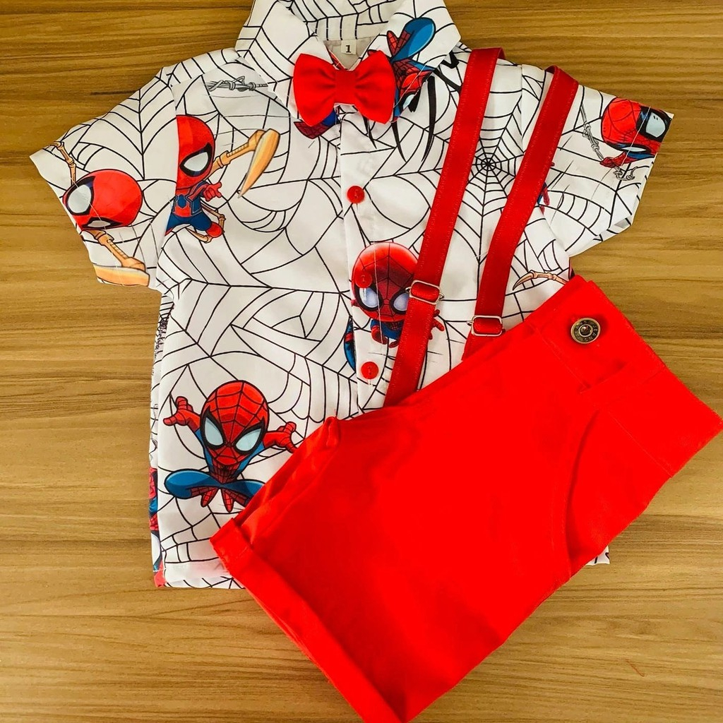 Conjunto Menino Luxo Temático Homem Aranha +Bermuda Vermlha