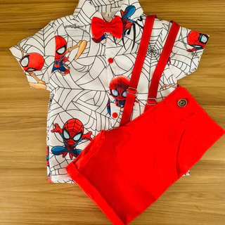 Conjunto Menino Luxo Temático Homem Aranha +Bermuda Vermlha