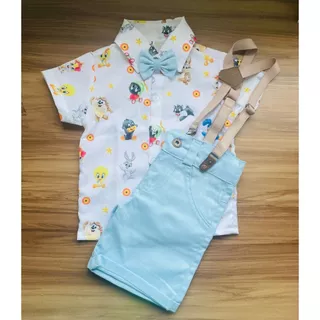 Conjunto Menino Luxo Temático Looney Tunes Baby +Bermuda Azul