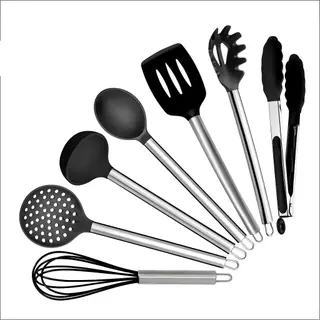 Jogo de Utensílios Kit Para Cozinha De Silicone Preto 7 Pçs Versátil Moderno Colher Pegador Espátula Concha