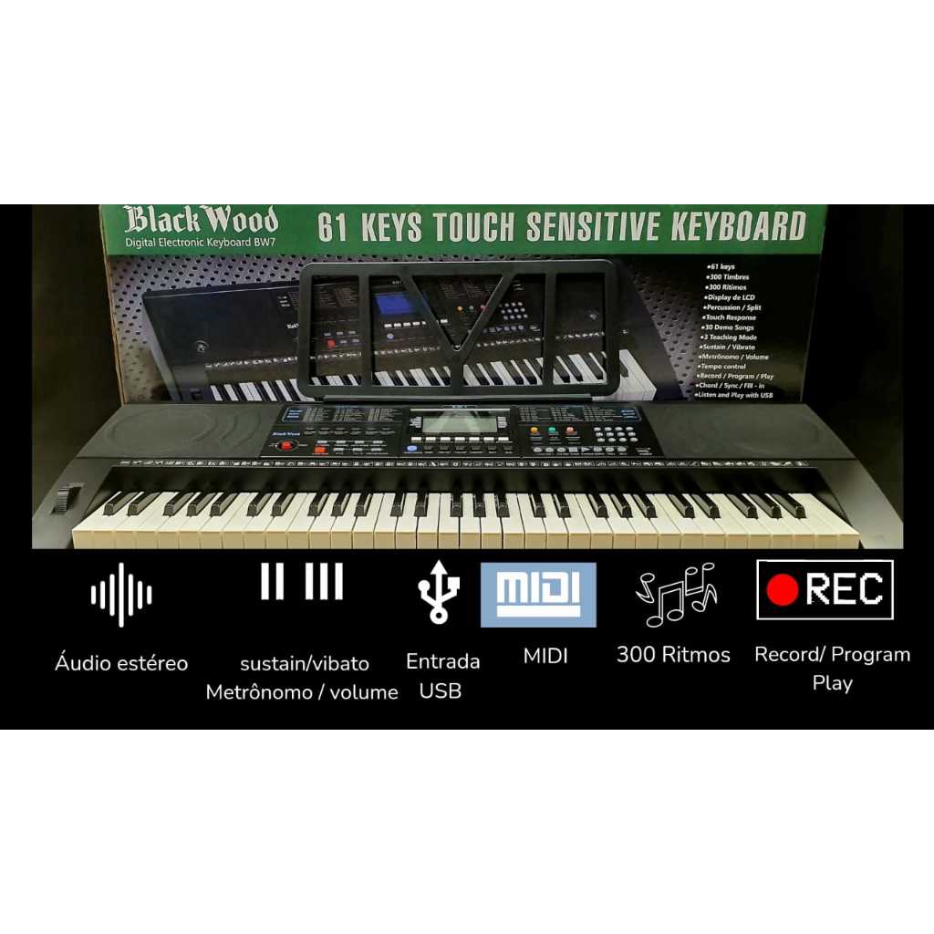 Teclado Musical 61 Teclas Sustain Midi Usb Black Wood digital eletronic keyboard bw7
