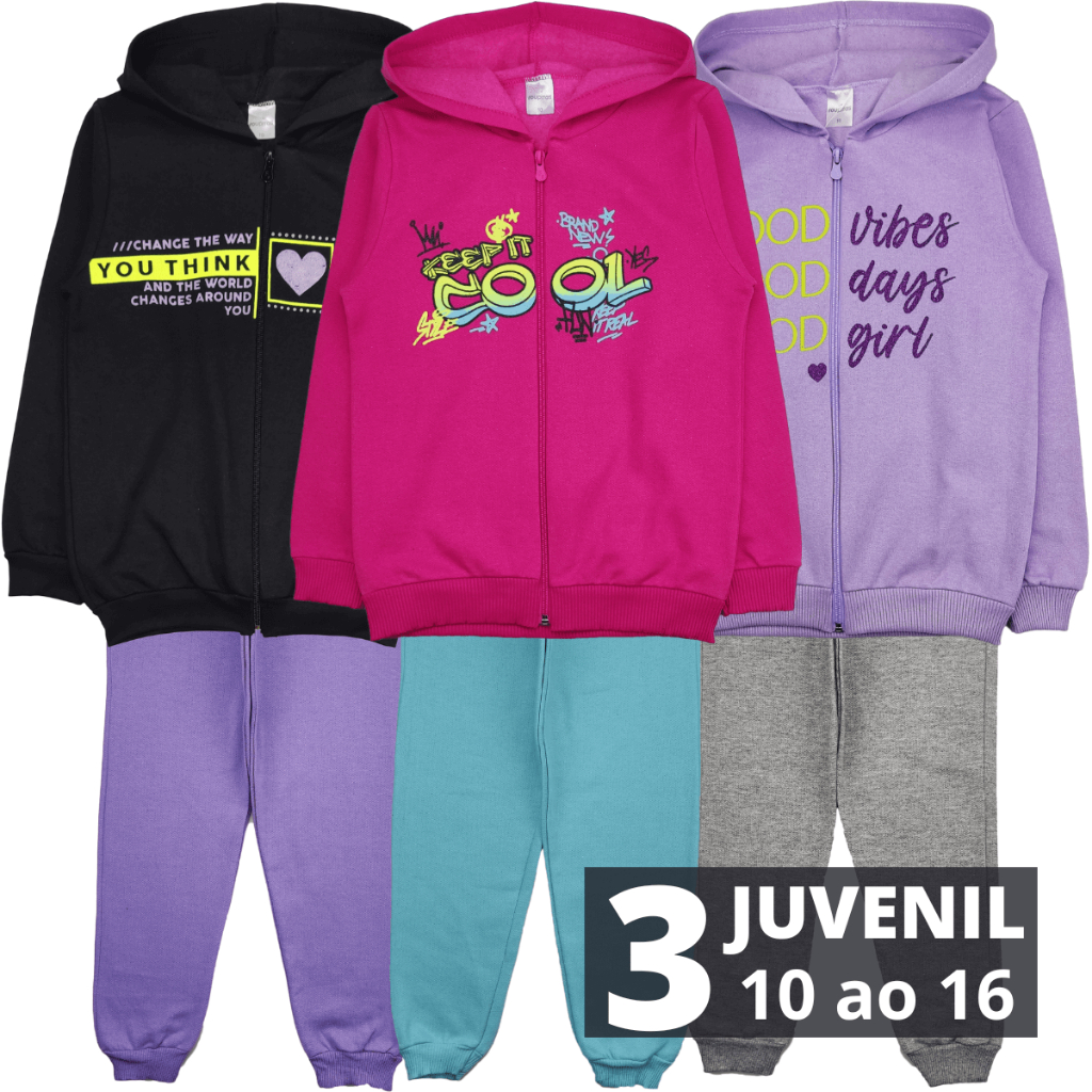 3 Conjunto Infantil Inverno Feminino Moletom Infantil Tamanho 10 ao 14 Anos