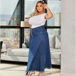 Saia Jeans Longa Evangelica Plus Size Com Barra Desfiada