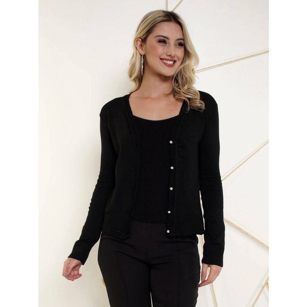 Casaco de tricô com botão Sueter Feminino social liso Inverno Manga Longa tendência Quentinho e estiloso.