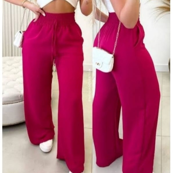 Calça Pantalona Feminina Com Elástico Na Cintura Tecido Duna.