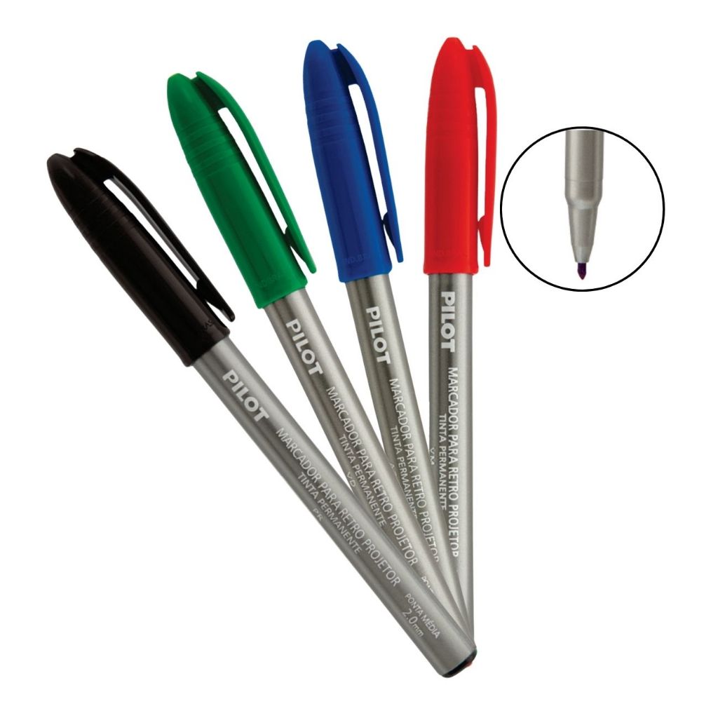 Kit Canetas Marcador Permanente Retroprojetor 4 Cores Pilot 2.0mm Ideal para CDs DVDs Plásticos Vinil Acrílicos Vidros