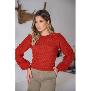 Blusa Cropped Tricot Manga Longa Blusa de Frio Feminina Tricô Aran Inverno Trico Lançamento 2024